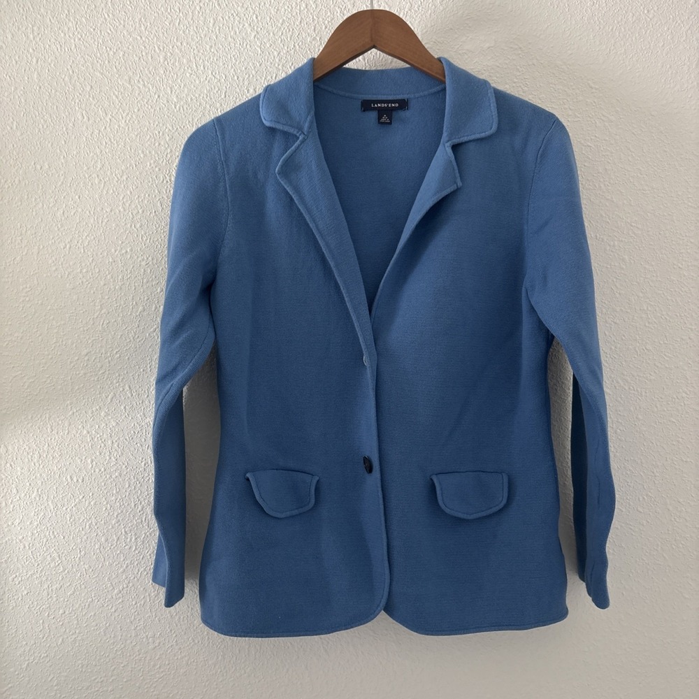 Lands End Women's Cotton Button Front Sweaters Blazer Blue Medium Preppy Classic